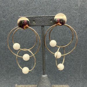 New Ave Pierced Dangle Earrings Triple Hoop Silver White Sliding Bead 80S Retro